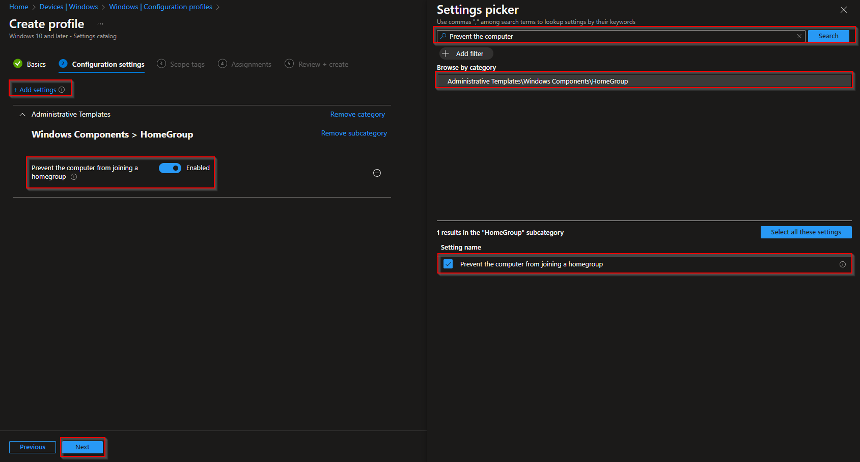 Prevent the computer from joining a homegroup setting enabled